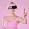 Metaverse, virtual reality glasses and a woman with hand for future scifi and ai 3d gaming technology. Model person on a