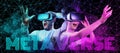 Metaverse web banner. Shocked disappearing bald, bearded man and happy woman VR glasses. Black background with neon grid