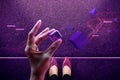 Metaverse, Web3 and Blockchain Technology Concepts. Woman has a New Experiences by Touching a 3D Object throght the Virtual World