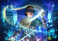 Metaverse, woman and augmented reality glasses with dashboard overlay for digital transformation. Person with vr headset Royalty Free Stock Photo