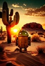 Metellic robot in the desert at sunset. AI generated