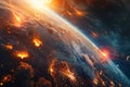 Meteor approaching Earth in space, the meteorite is approaching the planet, Burning exploding asteroids from deep space are Royalty Free Stock Photo