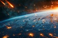 Meteor approaching Earth in space, the meteorite is approaching the planet, Burning exploding asteroids from deep space are Royalty Free Stock Photo