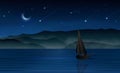 Meteor shower dark night sky sailing boat and lovers silhouette