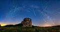 Meteor Shower and the Milky Way with old ruin Royalty Free Stock Photo