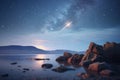 meteor shower over a rocky coastline at night Royalty Free Stock Photo