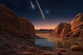 meteor streaks above a rocky desert canyon Royalty Free Stock Photo