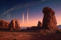 meteor streaks over desert rock formations and arches Royalty Free Stock Photo