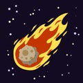 Meteor with trail of fire. Flying in sky. Stars and astronomy. Cartoon flat illustration. Big asteroid