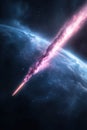 Meteor trails streak across a vast deep-space background, creating a stunning visual experience. Fading light trails