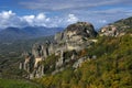 Meteora, Greece - monasteries St. Nicholas Anapavsa, Roussanou, St. Barlaam and Great Meteoron Royalty Free Stock Photo