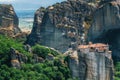 Meteora, Greece. Mountain scenery with Meteora rocks and Roussanou Monastery Royalty Free Stock Photo