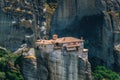 Meteora, Greece. Mountain scenery with Meteora rocks and Roussanou Monastery Royalty Free Stock Photo