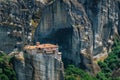 Meteora, Greece. Mountain scenery with Meteora rocks and Roussanou Monastery Royalty Free Stock Photo