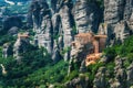 Meteora, Greece. Mountain scenery with Meteora rocks and Roussanou Monastery Royalty Free Stock Photo