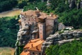 Meteora, Greece. Mountain scenery with Meteora rocks and Roussanou Monastery Royalty Free Stock Photo