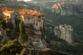 Meteora monasteries View on the Holy Monastery of Varlaam and Roussanou Monastery on background. Kastraki, Greece Royalty Free Stock Photo