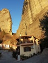 Meteora monastery in kalampaka city greece christian orthodox churches on high scenic rocks