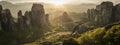 Meteora panorama at sunset Royalty Free Stock Photo