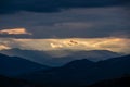 Meteora - Panoramic view during sunset from Meteora rocks to Pindos mountains, Thessaly district, Greece. Royalty Free Stock Photo