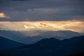 Meteora - Panoramic view during sunset from Meteora rocks to Pindos mountains, Thessaly district, Greece. Royalty Free Stock Photo