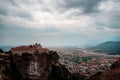 Meteora precipitously built complexes of Eastern Orthodox monastery, rock formation in Greece Royalty Free Stock Photo