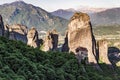 Meteora rock mountains and monastery in the Pindos Mountains, Greece