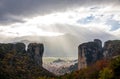 Meteora Rocks with Kalampaka town on the background, Greece