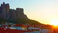 Meteora rocks and Kalabaka town at sunrise Royalty Free Stock Photo