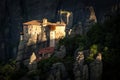 Meteora Roussanou Monastery at sunrise, Greece Royalty Free Stock Photo