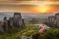 Meteora Roussanou Monastery at sunset, Greece Royalty Free Stock Photo