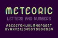 Meteoric letters and numbers with currency signs. Colorful stylized font. Isolated english alphabet