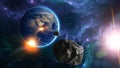 Meteorite approaching Earth, collision course. Asteroid. Possible collision with the earth`s atmosphere