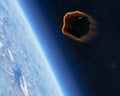 Meteorite approaching Earth, collision course. Asteroid. Earth`s atmosphere