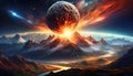Meteorite that crosses the earth\'s atmosphere. Asteroid hitting the earth. Explosion, cataclysm, end of the world