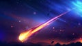 Meteorite fireball, comet or asteroid with glowing gas and dust tail, scientific illustration of galaxy and astronomy