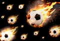 Meteorite storm Football soars ahead with heat blazing fire and smoke with violence on black background,concept,goal setting,