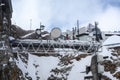 Meteorological weather station on the Zugspitze, the highest mountain of Germany in the Bavarian Alps on a cloudy day, copy space