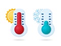 Meteorology 3d thermometer, control weather degree. Heat and cold day, high low temperature signs with sun and snowflake