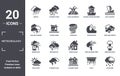 meteorology icon set. include creative elements as drizzle, boat capsizes, tsunami wave, house on fire, thunder cloud, broken roof