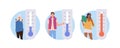 Meteorology thermometer with different temperature degree and diverse people round icon composition