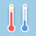 Meteorology thermometers. Cold and heat temperature. Flat style vector illustration.