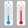 Meteorology thermometers . Cold and heat temperature. Vector illustration. Celsius and fahrenheit