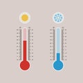 Meteorology thermometers measuring heat and cold, with sun and snowflake icons. Celsius and Fahrenheit Royalty Free Stock Photo