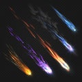 Meteors comets and fireballs with fire trails vector set