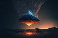 Meteors falling on huge fantasy umbrella floating above landscape at night