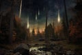 meteors illuminating a dark forest with their celestial glow