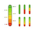Meter bar on gauge. Level of progress on scale with indicator. High - green and low - red vertical level of measure. Percentage