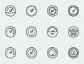 Meter icons in thin line style. Symbols of speedometers, manometers, tachometers etc