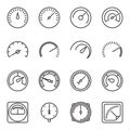 Meter icons. Symbols of speedometers, manometers, tachometers, etc.